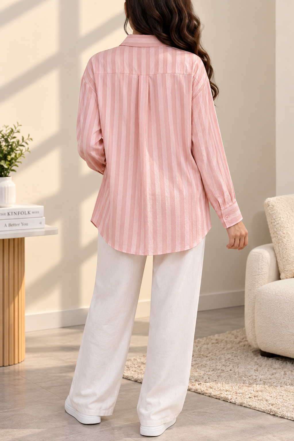 Premium Satin Stripe Button-Down Shirt – Silk Feel Long Sleeve Top