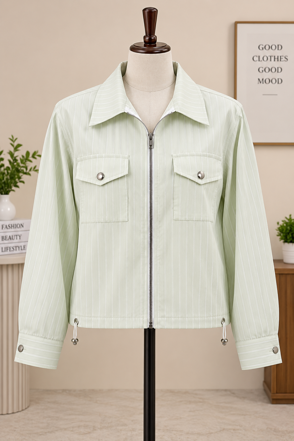 Premium Textured Striped Utility Shirt with Zip Front & Multi-Pocket Detail