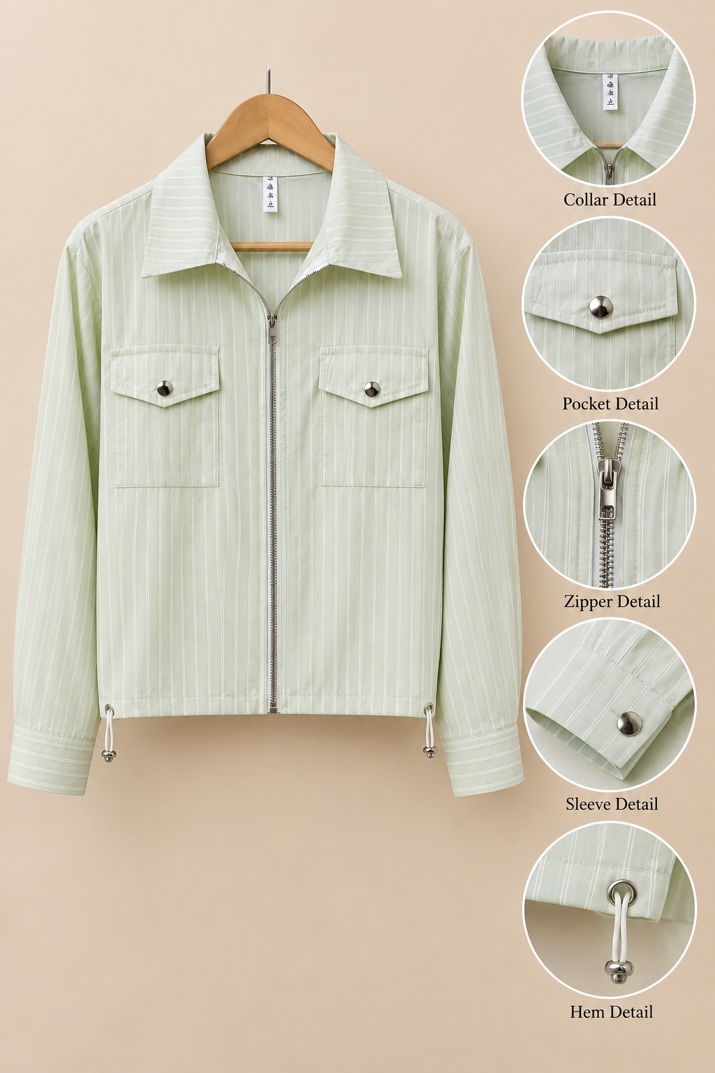 Premium Textured Striped Utility Shirt with Zip Front & Multi-Pocket Detail