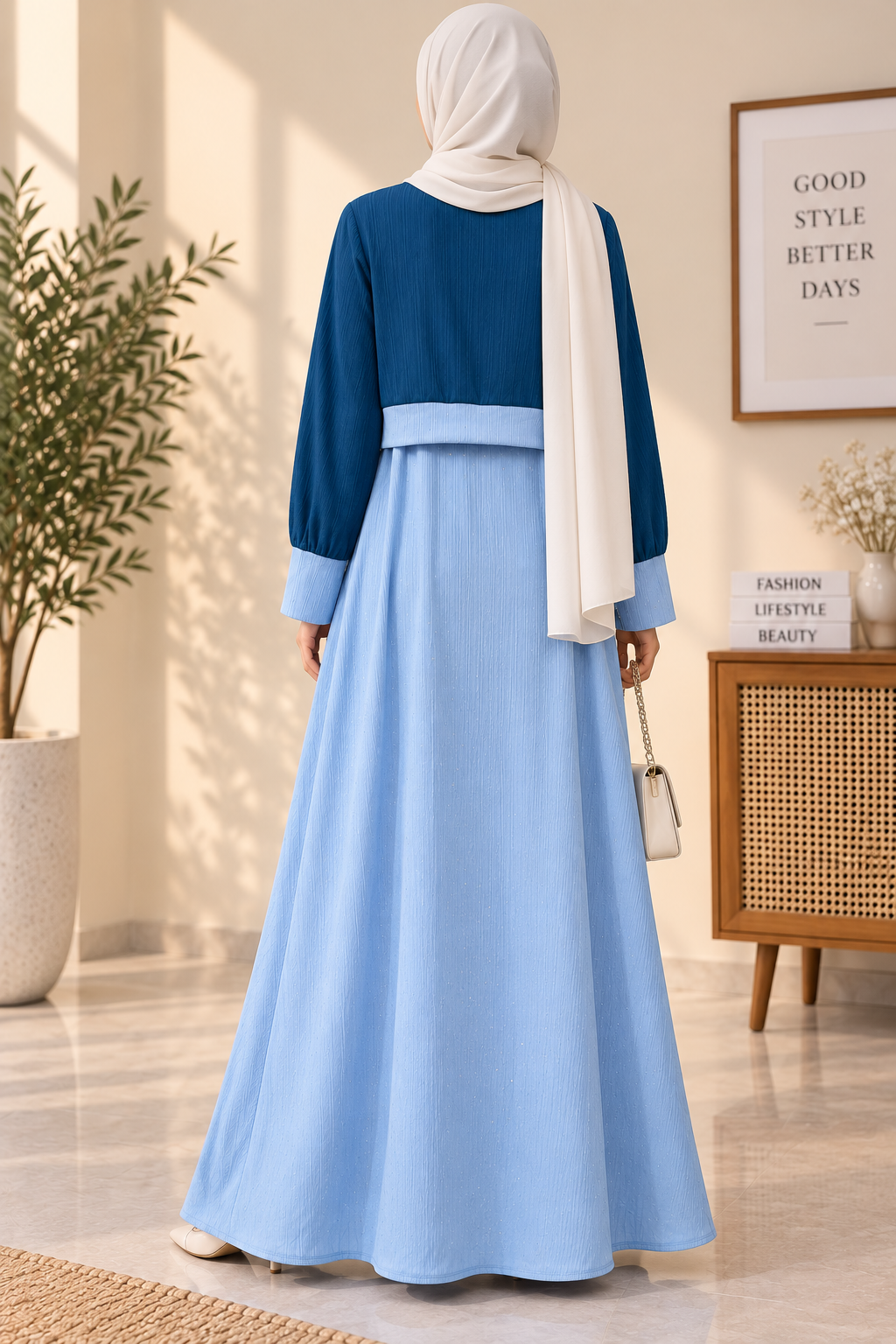 Premium Two-Tone Pleated Maxi Dress with Tassel Necklace