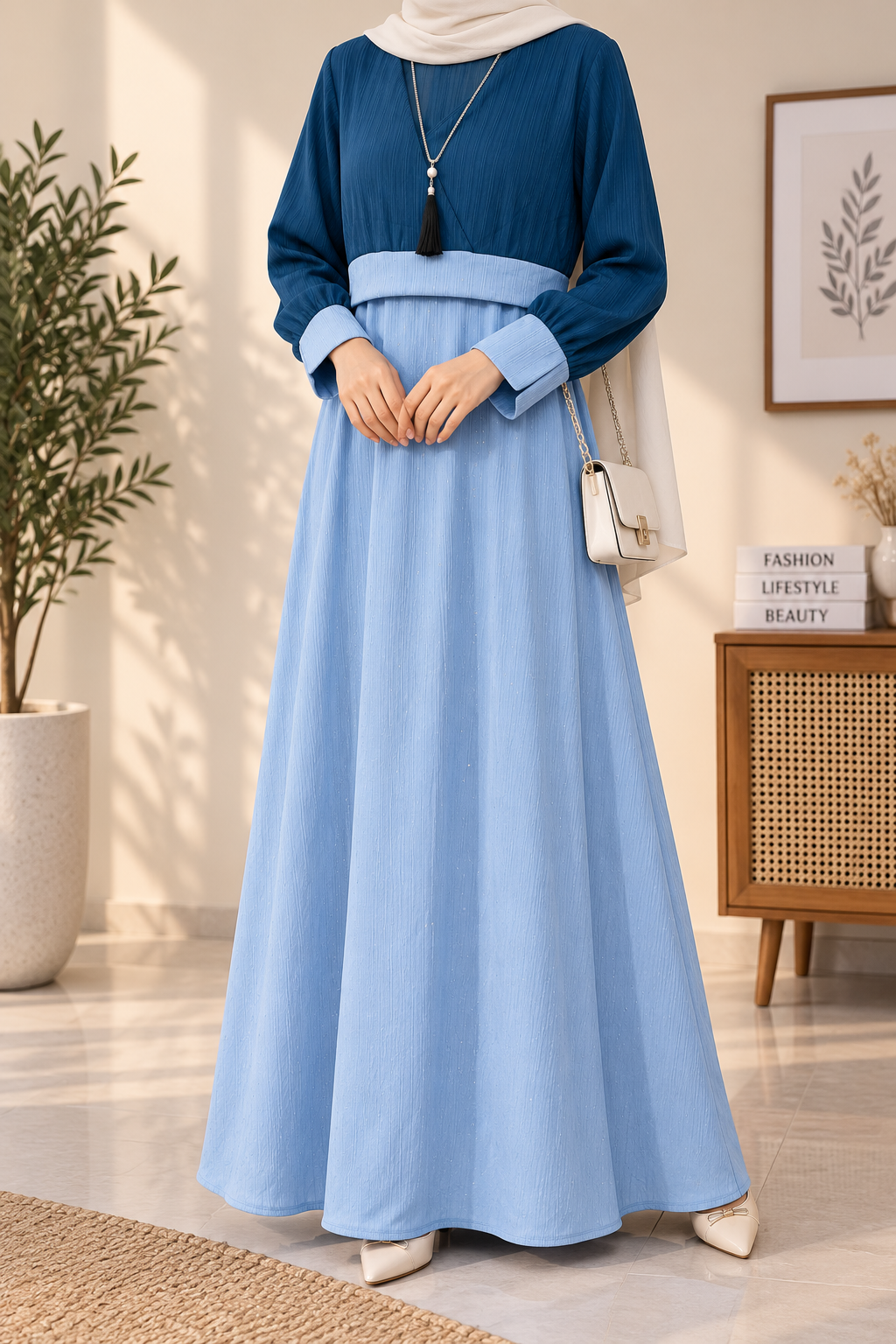 Premium Two-Tone Pleated Maxi Dress with Tassel Necklace