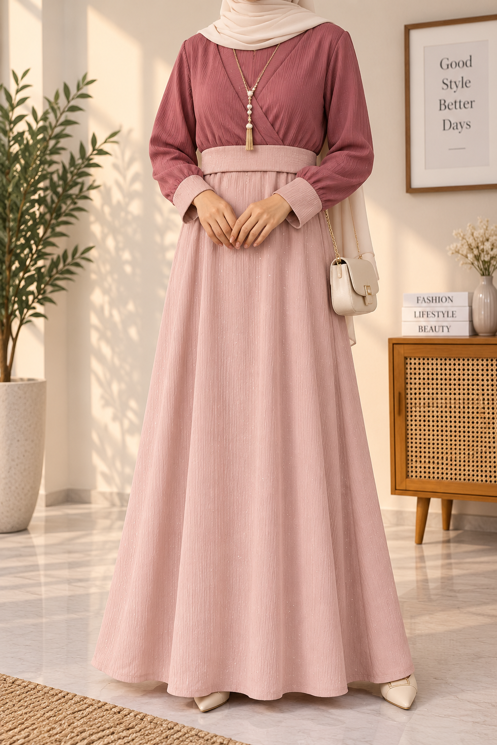 Premium Two-Tone Pleated Maxi Dress with Tassel Necklace